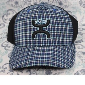 HOOEY Black Blue Plaid‎ Mesh Trucker Hat Flexfit S M Logo